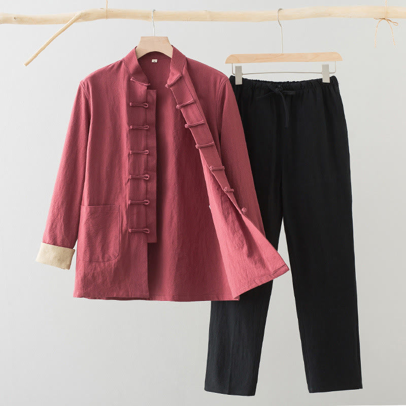 Buddha Stones 2Pcs Tang Suit Men's Frog-Button Cotton Long Sleeve Shirt Pants Set With Pockets