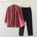 Buddha Stones 2Pcs Tang Suit Men's Frog-Button Cotton Long Sleeve Shirt Pants Set With Pockets