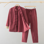 Buddha Stones 2Pcs Tang Suit Men's Frog-Button Cotton Long Sleeve Shirt Pants Set With Pockets