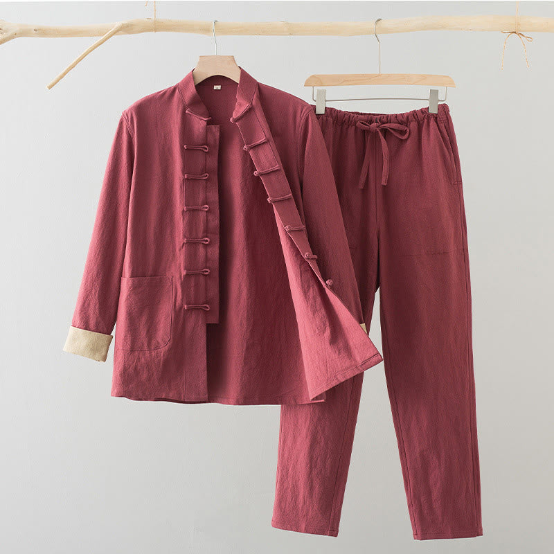 Buddha Stones 2Pcs Tang Suit Men's Frog-Button Cotton Long Sleeve Shirt Pants Set With Pockets