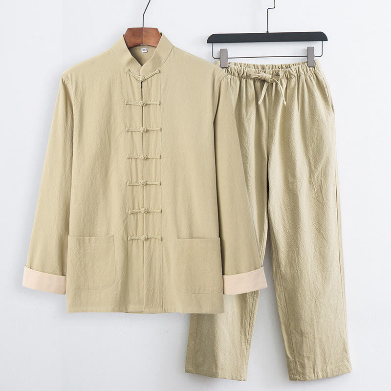 Buddha Stones 2Pcs Tang Suit Men's Frog-Button Cotton Long Sleeve Shirt Pants Set With Pockets