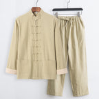 Buddha Stones 2Pcs Tang Suit Men's Frog-Button Cotton Long Sleeve Shirt Pants Set With Pockets