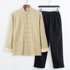 Buddha Stones 2Pcs Tang Suit Men's Frog-Button Cotton Long Sleeve Shirt Pants Set With Pockets