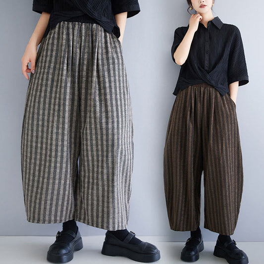 Buddha Stones Casual 7-8 Length Corduroy Stripes Women's Polyester Wide Leg Pants With Pockets