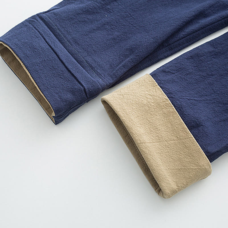 Buddha Stones 2Pcs Tang Suit Men's Frog-Button Cotton Long Sleeve Shirt Pants Set With Pockets