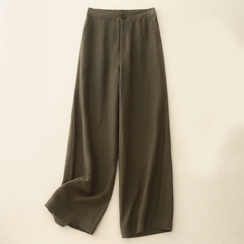 Buddha Stones Casual Plain Women's Cotton Linen Elastic Waist  Wide Leg Pants With Pockets