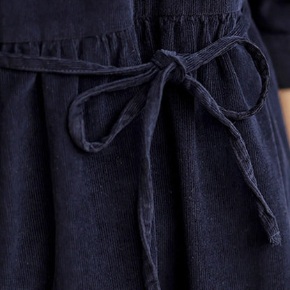 Buddha Stones Lace-Up Design Ruffled Crew Neck Cotton Corduroy Long Sleeve Midi Dress With Pockets