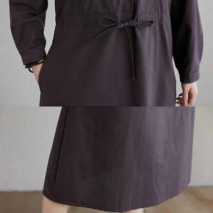 Buddha Stones Fall Solid Color Lace-Up Design Lapel Long Sleeve Cotton Midi Dress With Pockets