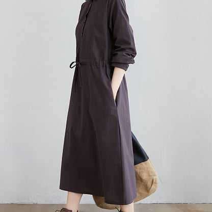 Buddha Stones Fall Solid Color Lace-Up Design Lapel Long Sleeve Cotton Midi Dress With Pockets