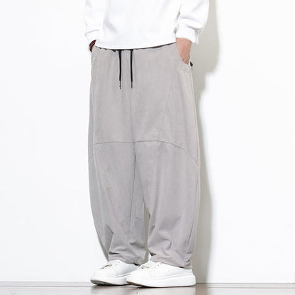 Buddha Stones Drawstring Solid Color Tapered Design Cotton Corduroy Men's Harem Pants With Pockets