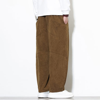 Buddha Stones Drawstring Solid Color Tapered Design Cotton Corduroy Men's Harem Pants With Pockets