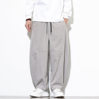Buddha Stones Drawstring Solid Color Tapered Design Cotton Corduroy Men's Harem Pants With Pockets