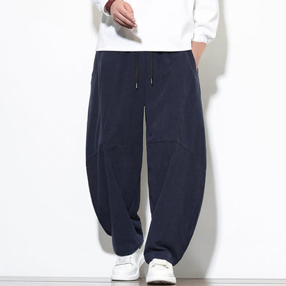 Buddha Stones Drawstring Solid Color Tapered Design Cotton Corduroy Men's Harem Pants With Pockets