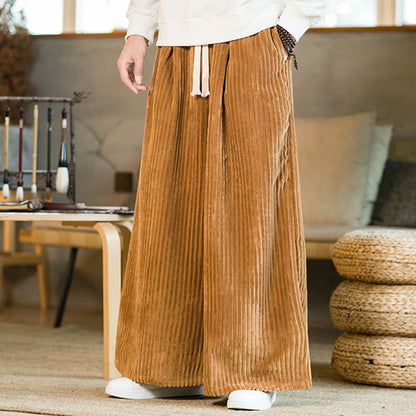 Buddha Stones Commute Plain Drawstring Men's Wide Leg Cotton Corduroy Pants With Pockets