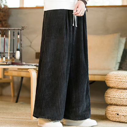 Buddha Stones Commute Plain Drawstring Men's Wide Leg Cotton Corduroy Pants With Pockets