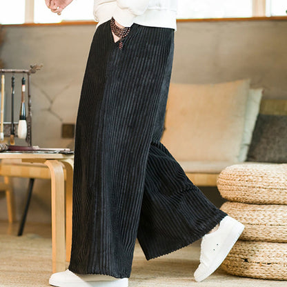 Buddha Stones Commute Plain Drawstring Men's Wide Leg Cotton Corduroy Pants With Pockets