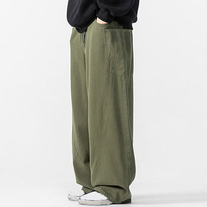 Buddha Stones Fall Pure Color Men's Wide Leg Cotton Drawstring Pants With Pockets