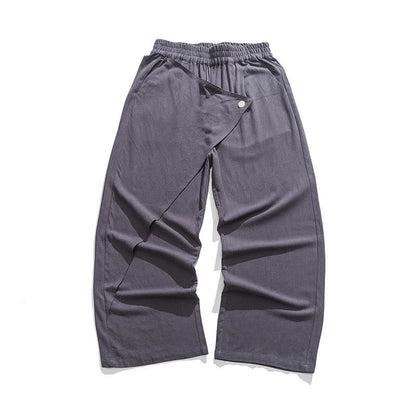 Buddha Stones Asymmetrical Patched Design Plain Men's Cotton Pants With Pockets