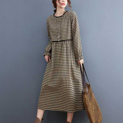 Buddha Stones Fall Plaid Pattern Ruffled Crew Neck Design Cotton Long Sleeve Midi Dress With Pockets