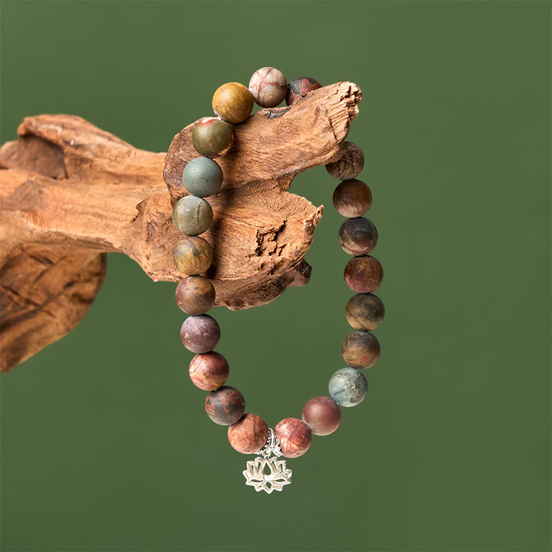 Buddha Stones 925 Sterling Silver Lotus Design Picasso Jasper Positive Bracelet