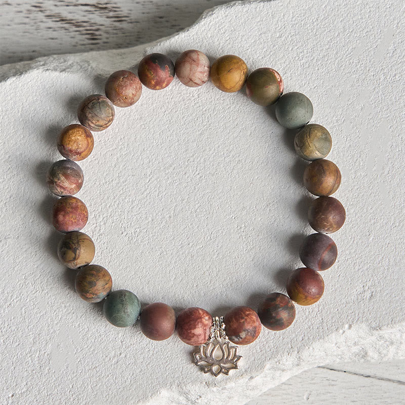 Buddha Stones 925 Sterling Silver Lotus Design Picasso Jasper Positive Bracelet
