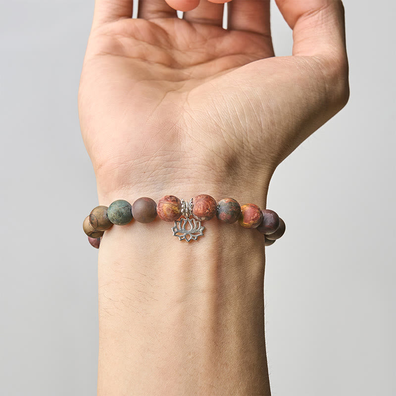 Buddha Stones 925 Sterling Silver Lotus Design Picasso Jasper Positive Bracelet