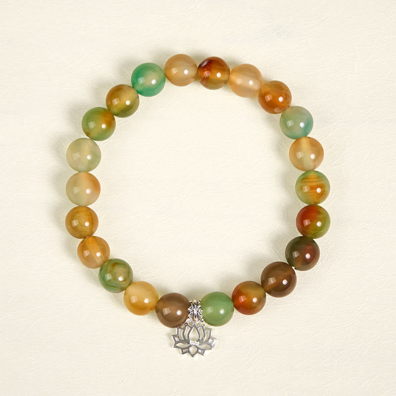 Buddha Stones 925 Sterling Silver Lotus Symbol Peacock Agate Courage Beads Bracelet
