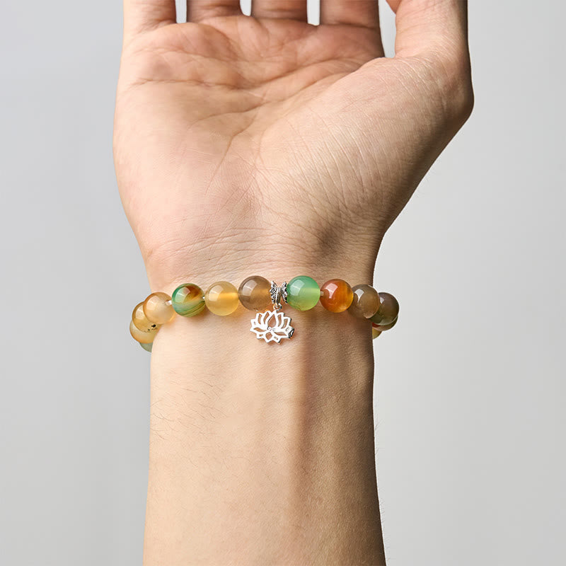 Buddha Stones 925 Sterling Silver Lotus Symbol Peacock Agate Courage Beads Bracelet