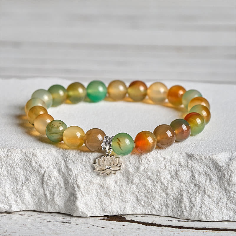 Buddha Stones 925 Sterling Silver Lotus Symbol Peacock Agate Courage Beads Bracelet