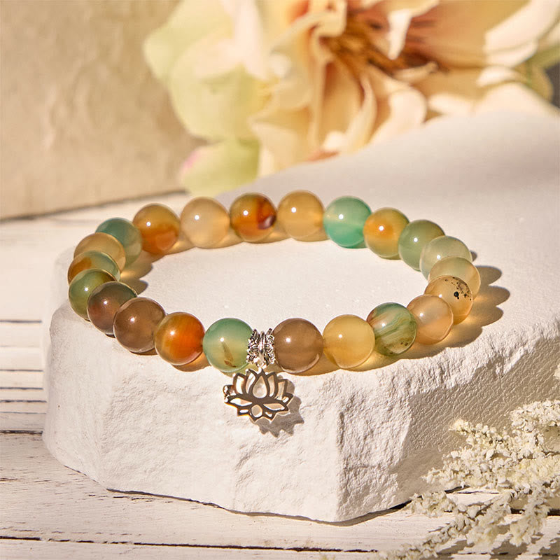 Buddha Stones 925 Sterling Silver Lotus Symbol Peacock Agate Courage Beads Bracelet
