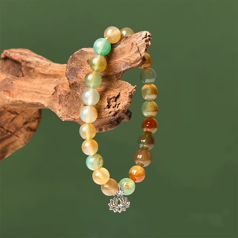 Buddha Stones 925 Sterling Silver Lotus Symbol Peacock Agate Courage Beads Bracelet