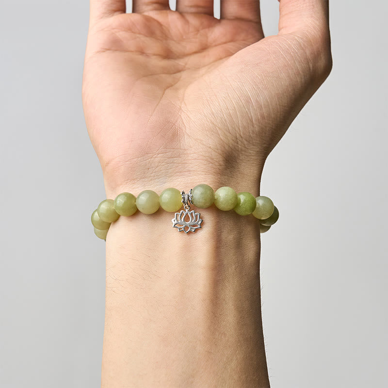 Buddha Stones 925 Sterling Silver Lotus Natural Cyan Jade Luck Bracelet