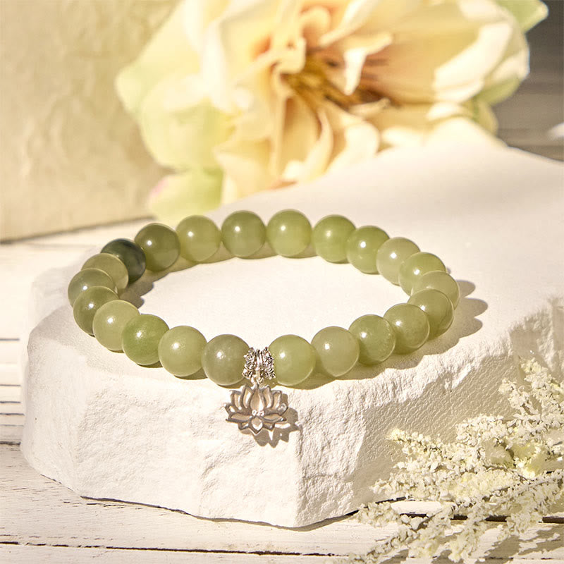 Buddha Stones 925 Sterling Silver Lotus Natural Cyan Jade Luck Bracelet