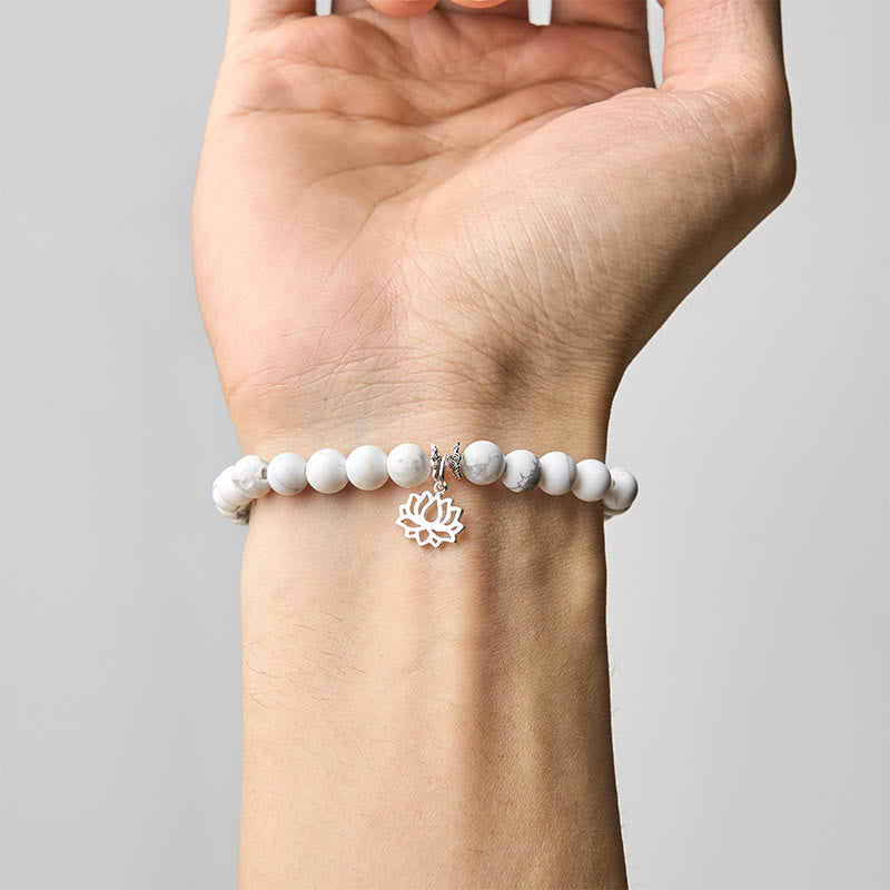 Buddha Stones 925 Sterling Silver Lotus Design Natural White Turquoise Wealth Bracelet