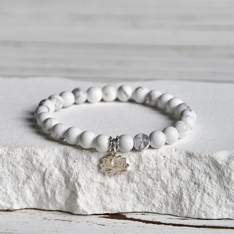 Buddha Stones 925 Sterling Silver Lotus Design Natural White Turquoise Wealth Bracelet