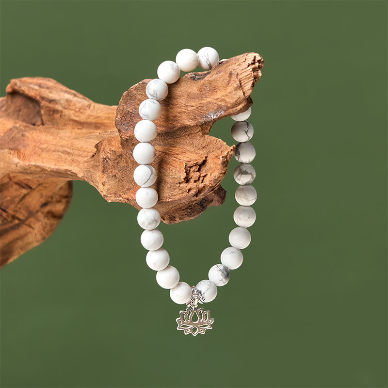 Buddha Stones 925 Sterling Silver Lotus Design Natural White Turquoise Wealth Bracelet