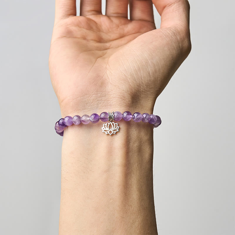 Buddha Stones 925 Sterling Silver Amethyst Lotus Design Natural Balance Bead Bracelet