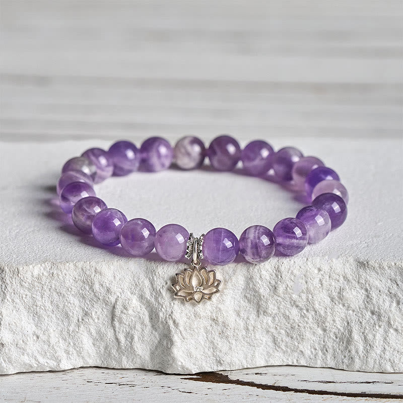 Buddha Stones 925 Sterling Silver Amethyst Lotus Design Natural Balance Bead Bracelet