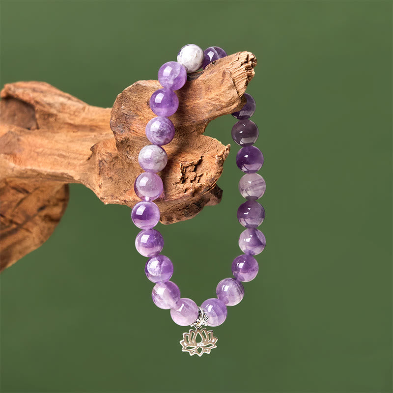 Buddha Stones 925 Sterling Silver Amethyst Lotus Design Natural Balance Bead Bracelet