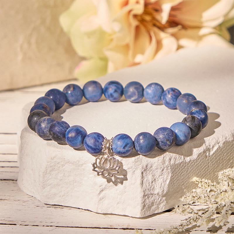 Buddha Stones 925 Sterling Silver Lotus Design Natural Sodalite Positive Beads Harmony Bracelet