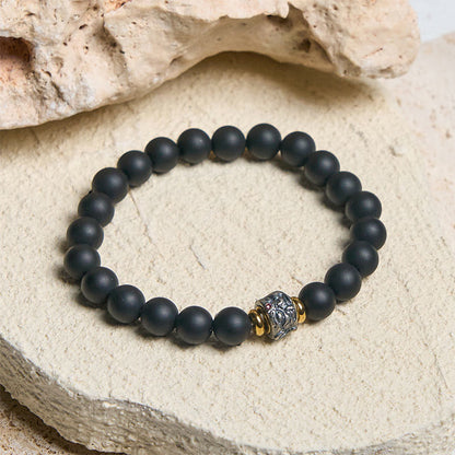 Buddha Stones Natural Frosted Black Onyx Buddha Face Support Bracelet