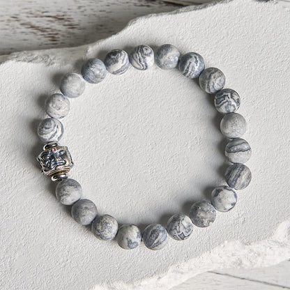 Buddha Stones Natural Frosted Grey Jasper Buddha Face Healing Protection Bracelet