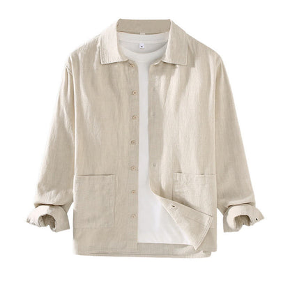Buddha Stones Solid Color Long Sleeve Buttons Shirt Men Ramie Cotton Clothing With Pockets