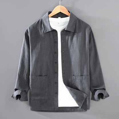 Buddha Stones Solid Color Long Sleeve Buttons Shirt Men Ramie Cotton Clothing With Pockets