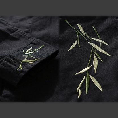 Buddha Stones Embroidery Leaves Pattern Men's Long Sleeve Cotton Linen Shirt