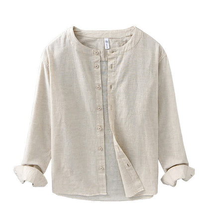Buddha Stones Men's Spring Pure Color Stand Collar Cotton Linen Long Sleeve Shirt