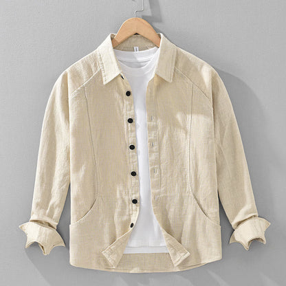 Buddha Stones Men's Fall Plain Ramie Cotton Long Sleeve Lapel Shirt With Pockets