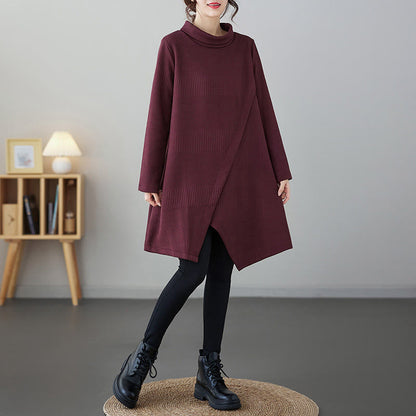 Buddha Stones Winter Irregular Hem Design Mock Neck Cotton Long Sleeve Midi Dress With Pockets