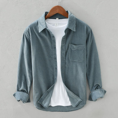 Buddha Stones Daily Plain Buttons Design Long Sleeve Men's Corduroy Pure Cotton Jacket With Pocket