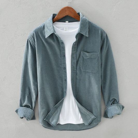 Buddha Stones Daily Plain Buttons Design Long Sleeve Men's Corduroy Pure Cotton Jacket With Pocket